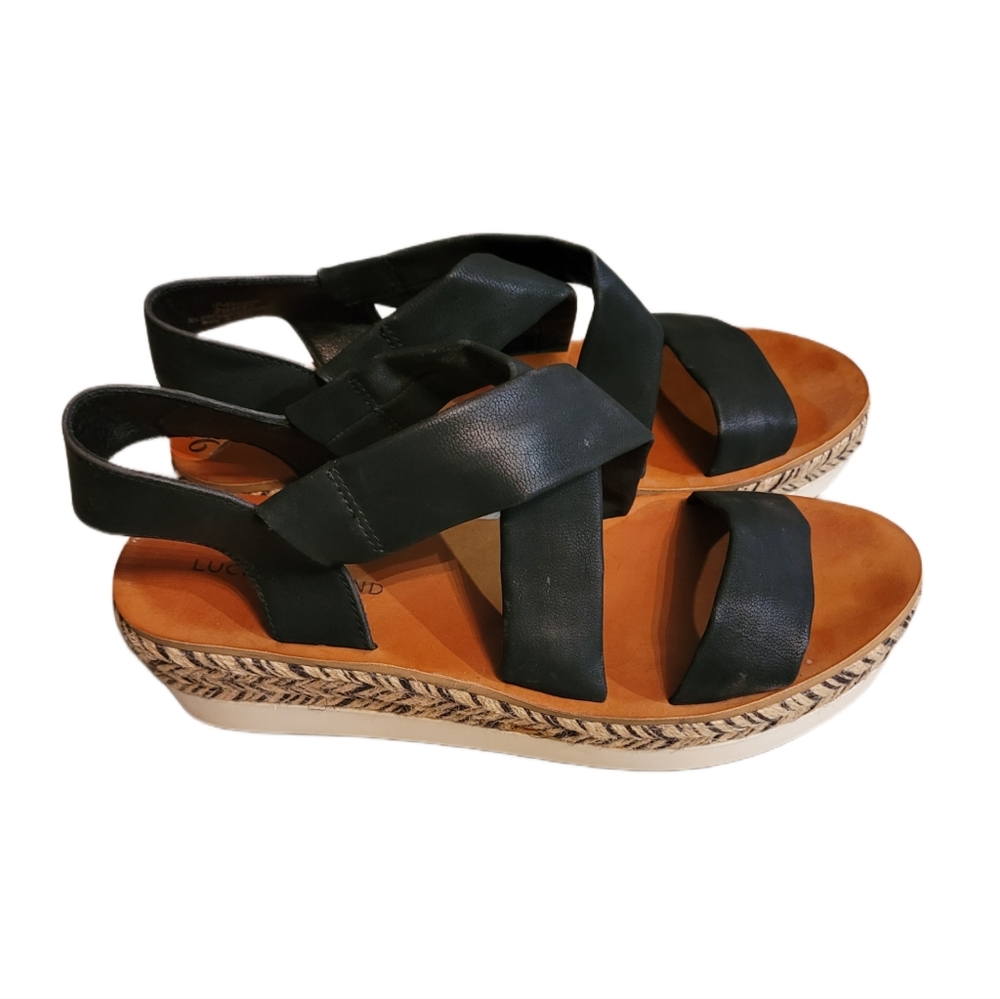 Lucky Brand Strappy Wedge Platform Sandals 9.5 Black - Picture 2 of 6